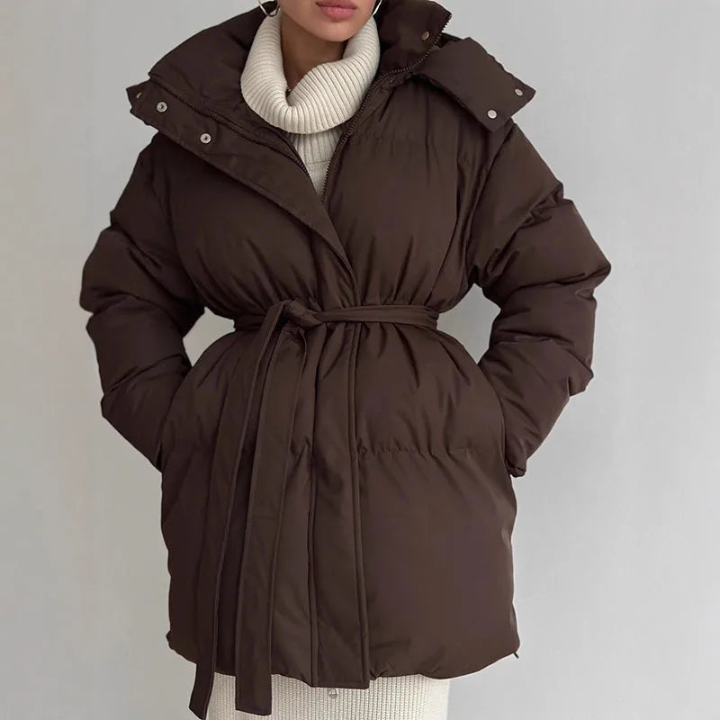 Long puffer coat with belt